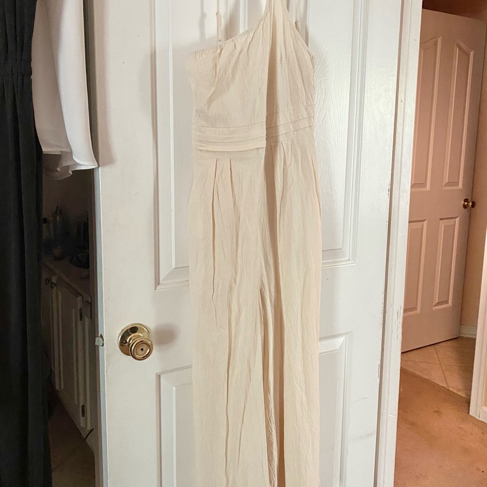Cream One-Shoulder Cotton Blend Jumpsuit size Large